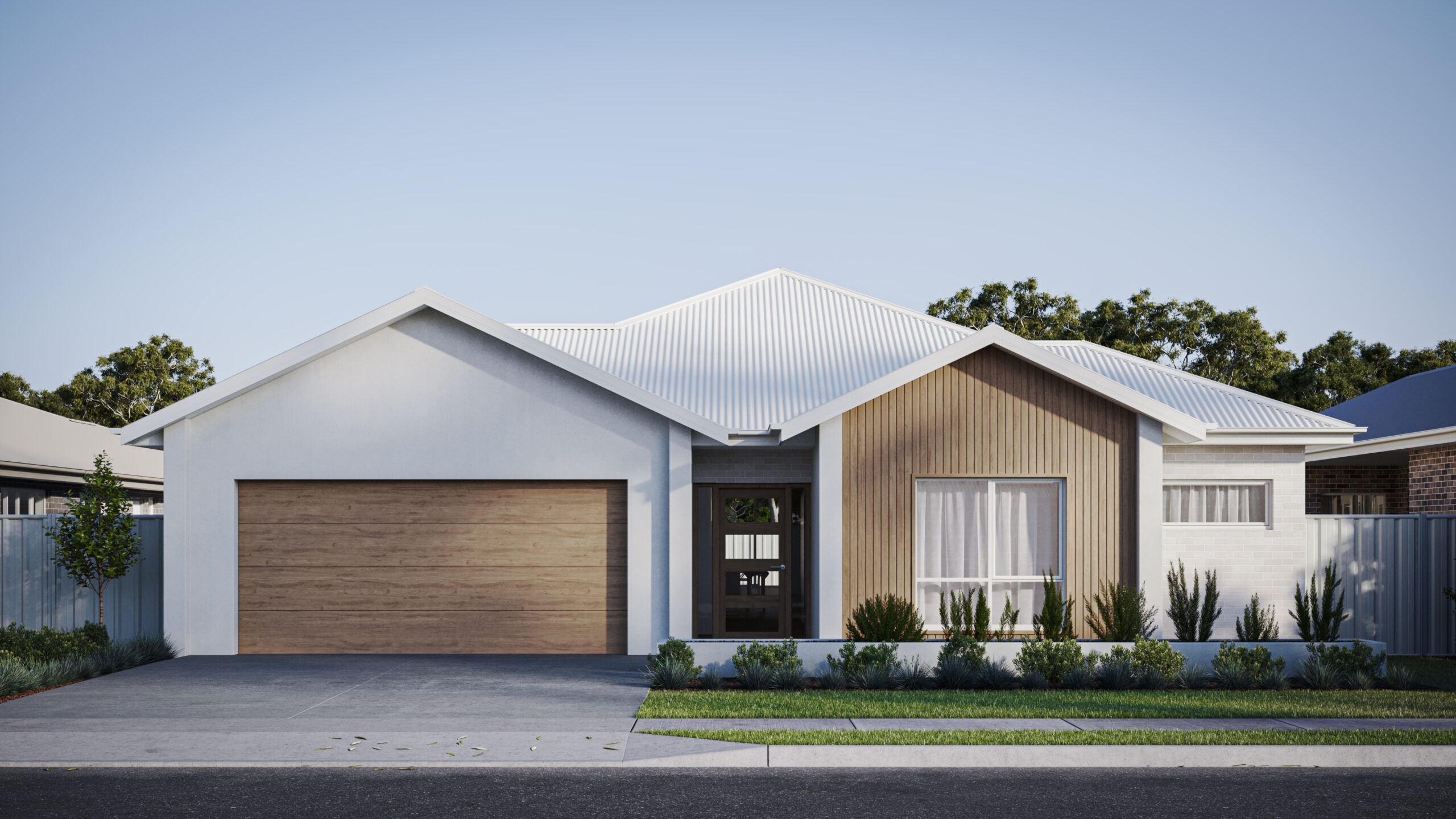Series 14 ASL Render 2 Single storey modern coastal house facade with white render and timber shiplap cladding.