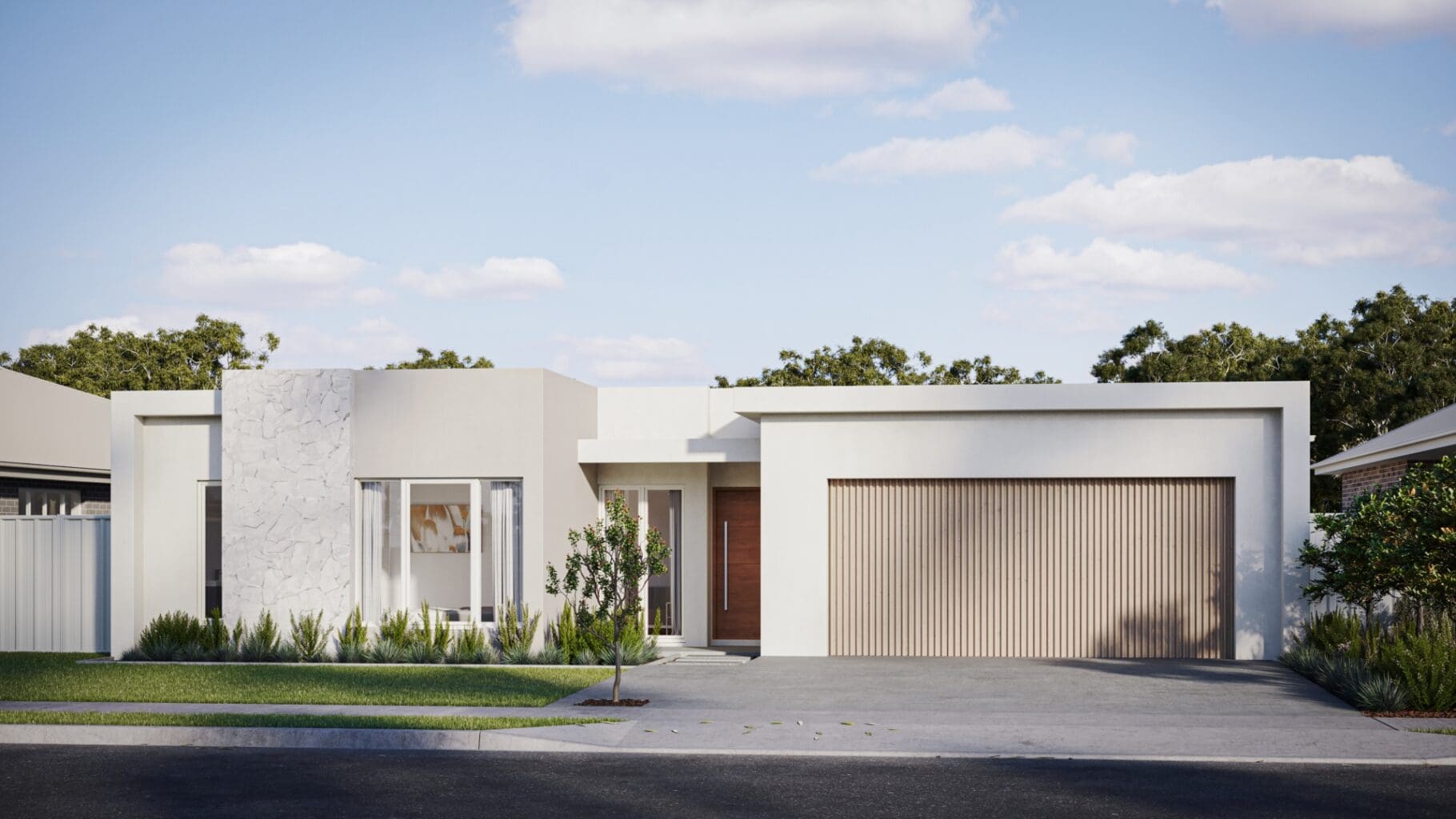 Single storey modern mediterranean minimal parapet timber garage door exterior house facade